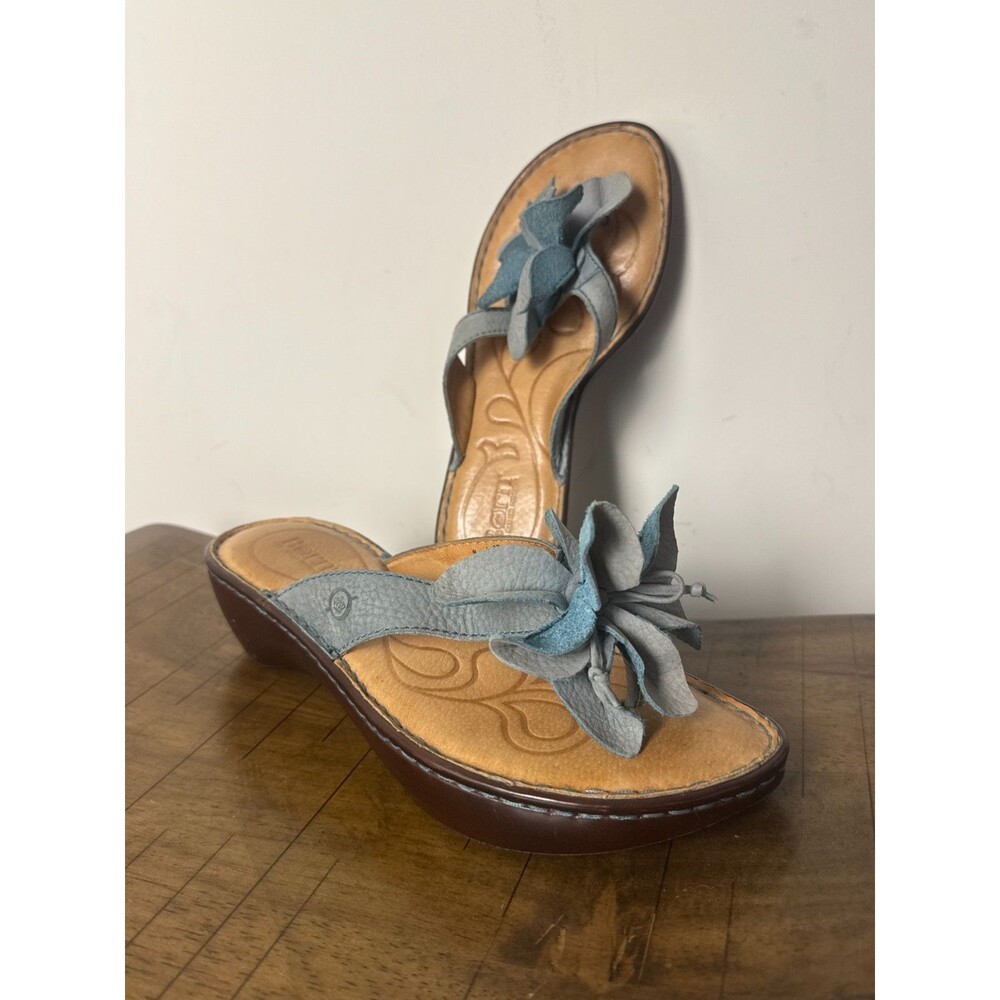 Born Womens Size 8 39 Blue Leather Flower Thong Wedge Sandals Comfort Slides